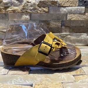 Mila Paoli Yellow Leather Wedge Cork Footbed Sandals Women's Size 6.5